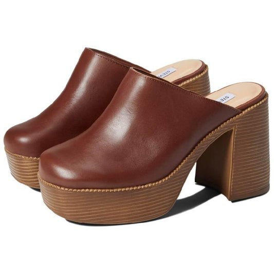 Bowe Brown Leather Heeled Clogs
