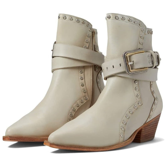 Billy White Leather Studded Western Ankle Booties