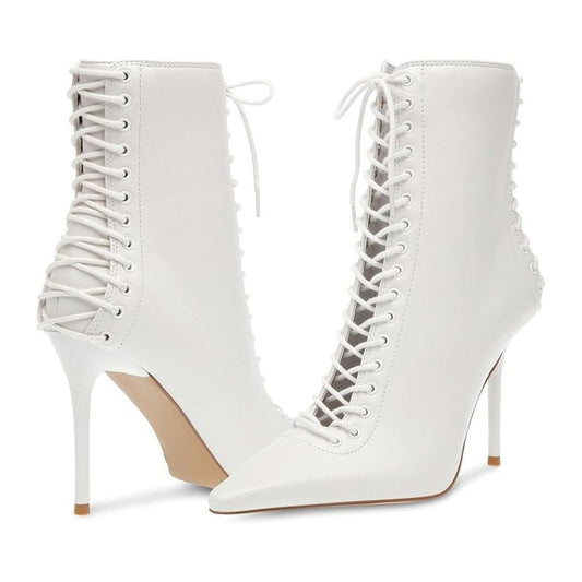 Allnight White Lace Up Heeled Ankle Booties