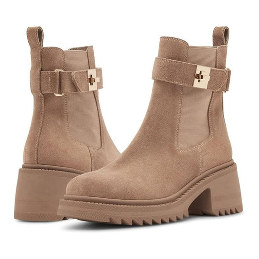 Gates Taupe Suede Buckle Chelsea Booties
